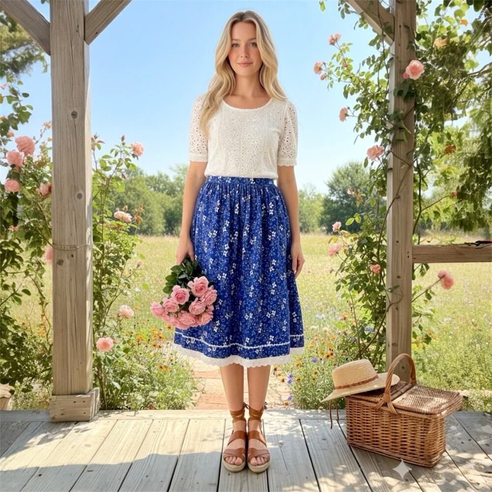 Vintage Cottagecore Prairie Midi Skirt Blue
Floral Eyelet Lace Trim Boho Medium